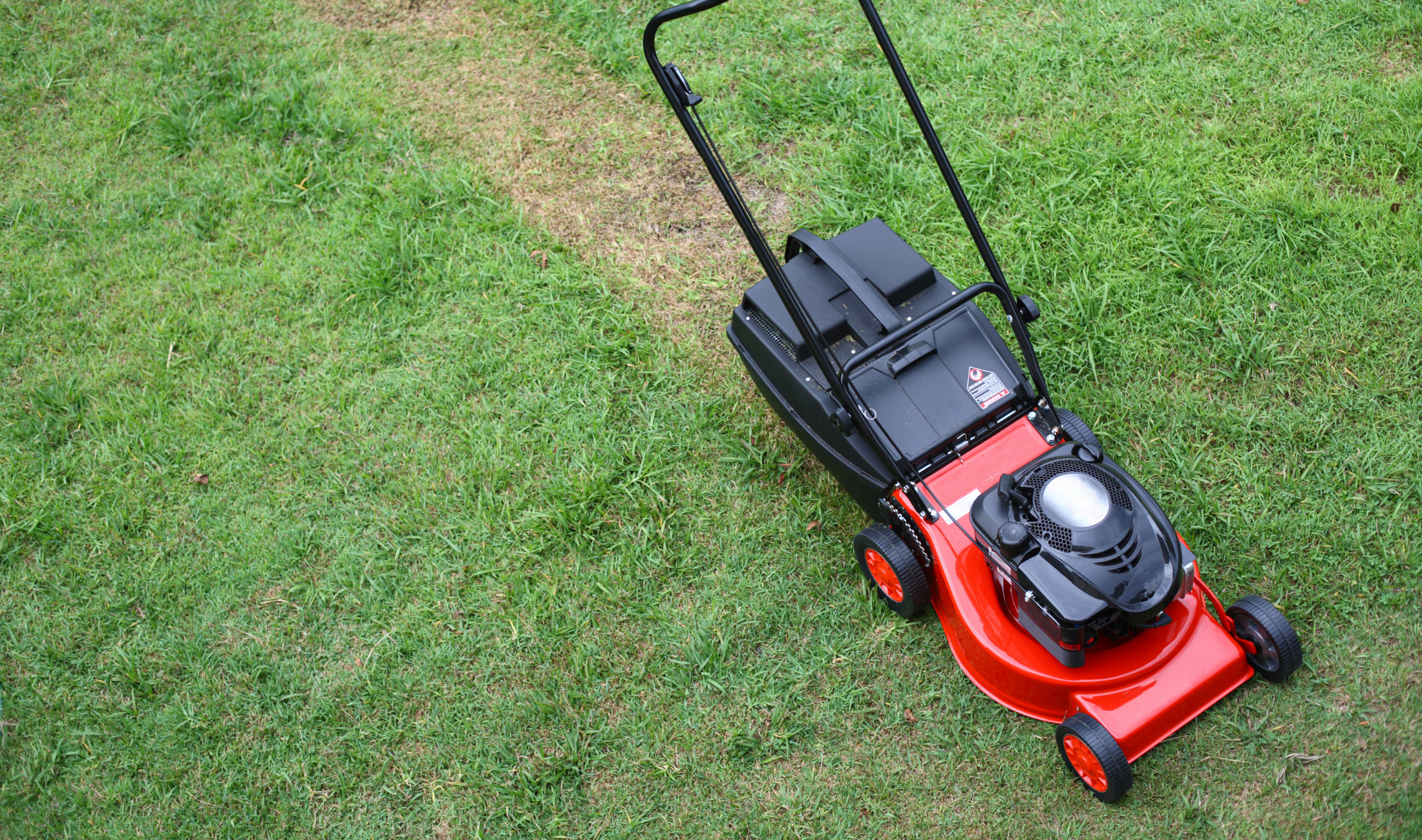 An aerial view of a lawnmower on a lawn with a line of dead grass coming out behind it.